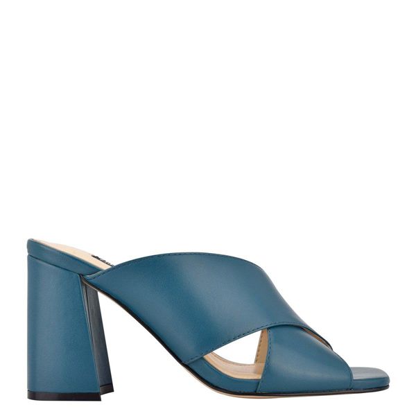 Nine West Gigi Block Heel Blue Slides | South Africa 21G07-3W77